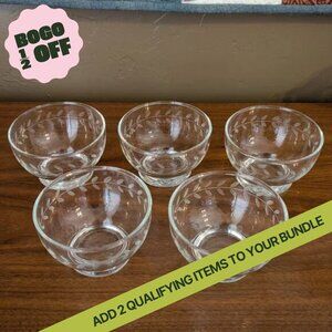 1960s Etched Laurel Leaf Dessert Bowl Cup Anchor Hocking Clear Glass Footed MCM